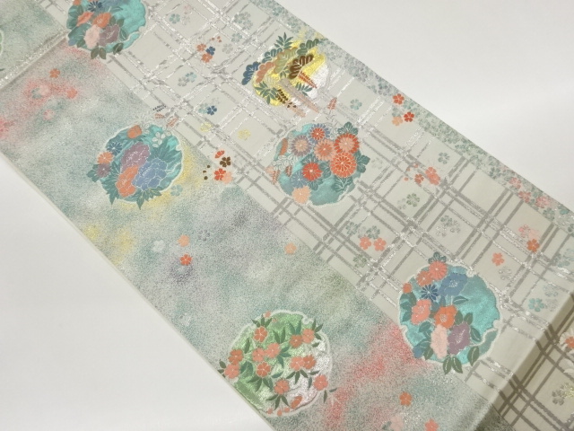 格子に雪輪・花々模様織出し袋帯